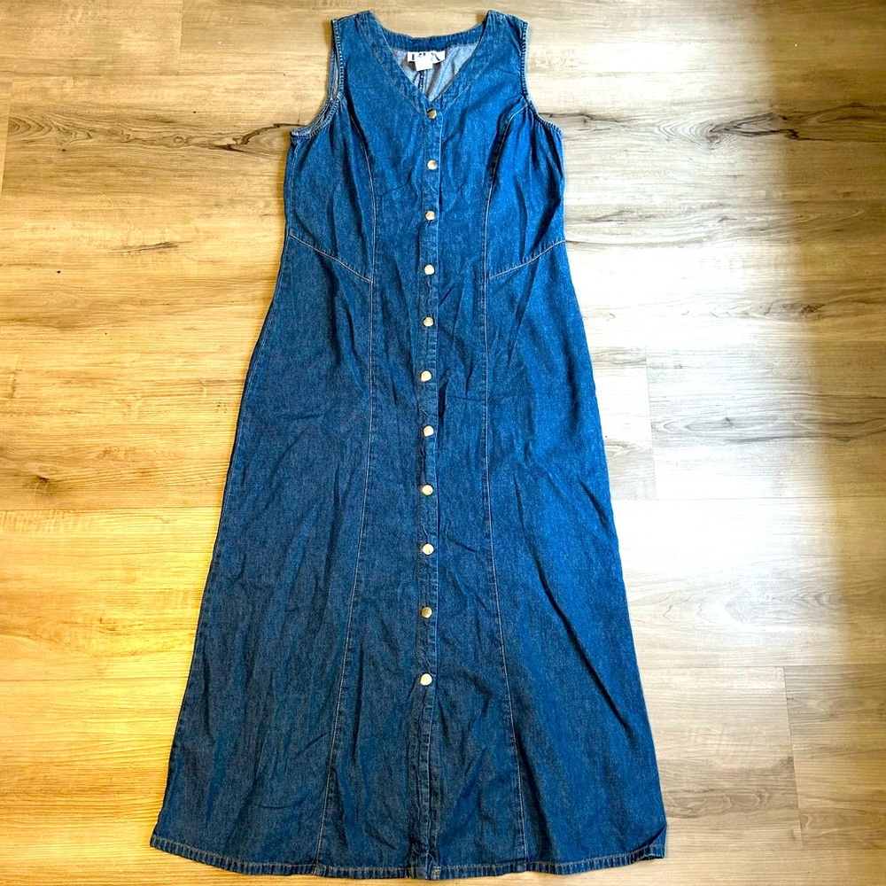 Vintage BFA classics denim snap front sleeveless maxi dress size 10 women’s